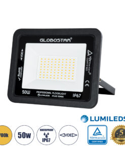 GLOBOSTAR® ATLAS 61424 Προβολέας LED 50W 5750lm 120° AC 220-240V Αδιάβροχο IP67 Θερμό Λευκό 2700K - Lumileds SMD Chip - TÜV Rheinland Certified - Μαύρο Ματ - Μ21 x Π3.5 x Υ16cm - 5 Χρόνια Εγγύηση
