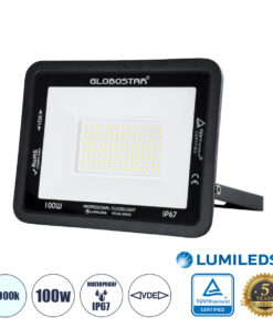 GLOBOSTAR® ATLAS 61425 Προβολέας LED 100W 12500lm 120° AC 220-240V Αδιάβροχο IP67 Ψυχρό Λευκό 6000K - Lumileds SMD Chip - TÜV Rheinland Certified - Μαύρο Ματ - Μ27 x Π4 x Υ21cm - 5 Χρόνια Εγγύηση