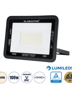 GLOBOSTAR® ATLAS 61426 Προβολέας LED 100W 12000lm 120° AC 220-240V Αδιάβροχο IP67 Φυσικό Λευκό 4500K - Lumileds SMD Chip - TÜV Rheinland Certified - Μαύρο Ματ - Μ27 x Π4 x Υ21cm - 5 Χρόνια Εγγύηση