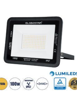 GLOBOSTAR® ATLAS 61427 Προβολέας LED 100W 11500lm 120° AC 220-240V Αδιάβροχο IP67 Θερμό Λευκό 2700K - Lumileds SMD Chip - TÜV Rheinland Certified - Μαύρο Ματ - Μ27 x Π4 x Υ21cm - 5 Χρόνια Εγγύηση