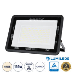GLOBOSTAR® ATLAS 61429 Προβολέας LED 150W 18000lm 120° AC 220-240V Αδιάβροχο IP67 Φυσικό Λευκό Ματ 4500K - Lumileds SMD Chip - TÜV Rheinland Certified - Μαύρο Ματ - Μ32 x Π4 x Υ23cm - 5 Χρόνια Εγγύηση
