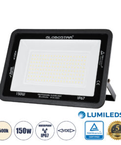 GLOBOSTAR® ATLAS 61429 Προβολέας LED 150W 18000lm 120° AC 220-240V Αδιάβροχο IP67 Φυσικό Λευκό Ματ 4500K - Lumileds SMD Chip - TÜV Rheinland Certified - Μαύρο Ματ - Μ32 x Π4 x Υ23cm - 5 Χρόνια Εγγύηση