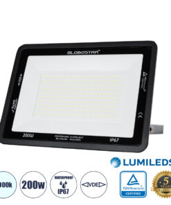GLOBOSTAR® ATLAS 61431 Προβολέας LED 200W 25000lm 120° AC 220-240V Αδιάβροχο IP67 Ψυχρό Λευκό 6000K - Lumileds SMD Chip - TÜV Rheinland Certified - Μαύρο Ματ - Μ38 x Π4 x Υ28cm - 5 Χρόνια Εγγύηση