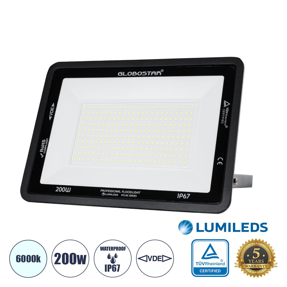 GLOBOSTAR® ATLAS 61431 Προβολέας LED 200W 25000lm 120° AC 220-240V Αδιάβροχο IP67 Ψυχρό Λευκό 6000K - Lumileds SMD Chip - TÜV Rheinland Certified - Μαύρο Ματ - Μ38 x Π4 x Υ28cm - 5 Χρόνια Εγγύηση