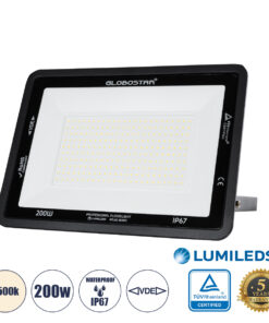 GLOBOSTAR® ATLAS 61432 Προβολέας LED 200W 24000lm 120° AC 220-240V Αδιάβροχο IP67 Φυσικό Λευκό 4500K - Lumileds SMD Chip - TÜV Rheinland Certified - Μαύρο Ματ - Μ38 x Π4 x Υ28cm - 5 Χρόνια Εγγύηση