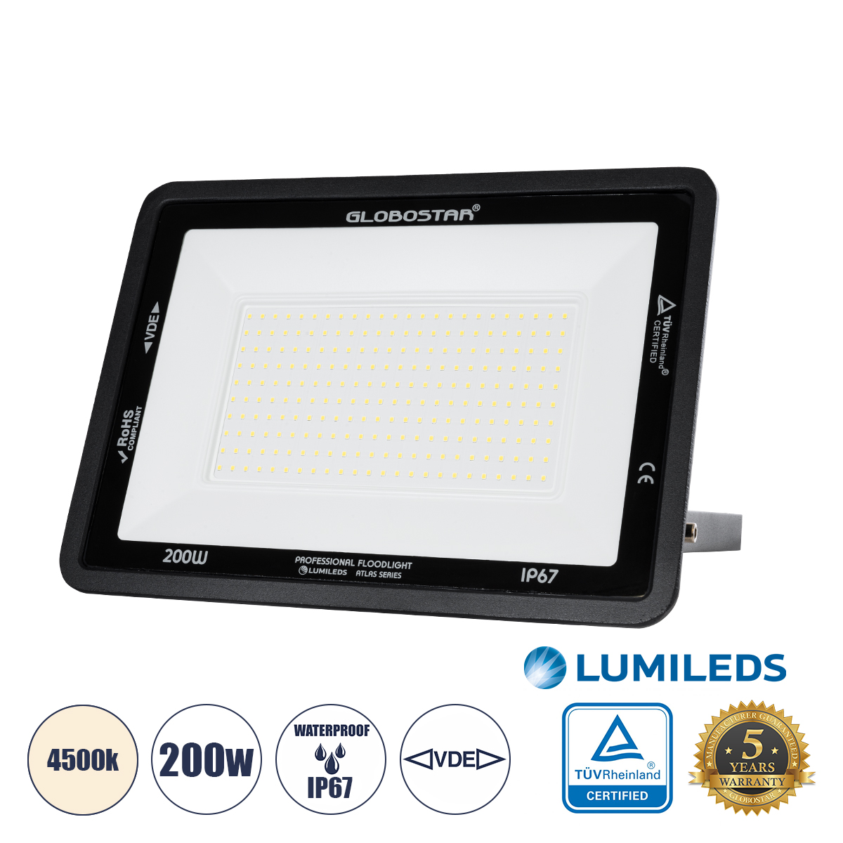 GLOBOSTAR® ATLAS 61432 Προβολέας LED 200W 24000lm 120° AC 220-240V Αδιάβροχο IP67 Φυσικό Λευκό 4500K - Lumileds SMD Chip - TÜV Rheinland Certified - Μαύρο Ματ - Μ38 x Π4 x Υ28cm - 5 Χρόνια Εγγύηση