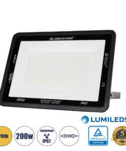 GLOBOSTAR® ATLAS 61433 Προβολέας LED 200W 23000lm 120° AC 220-240V Αδιάβροχο IP67 Θερμό Λευκό 2700K - Lumileds SMD Chip - TÜV Rheinland Certified - Μαύρο Ματ - Μ38 x Π4 x Υ28cm - 5 Χρόνια Εγγύηση