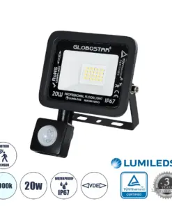GLOBOSTAR® AURORA 64137 Προβολέας με Ανιχνευτή PIR / Αισθητήρα Κίνησης LED 20W 2500lm 120° AC 220-240V Αδιάβροχο IP67 Ψυχρό Λευκό 6000K - Lumileds SMD Chip - TÜV Rheinland Certified - Μαύρο Ματ - Μ12 x Π5 x Υ14.5cm - 3 Χρόνια Εγγύηση