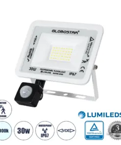 GLOBOSTAR® AURORA 64440 Προβολέας με Ανιχνευτή PIR / Αισθητήρα Κίνησης LED 30W 3750lm 120° AC 220-240V Αδιάβροχο IP67 Ψυχρό Λευκό 6000K - Lumileds SMD Chip - TÜV Rheinland Certified - Λευκό Ματ - Μ16 x Π5 x Υ17.5cm - 3 Χρόνια Εγγύηση