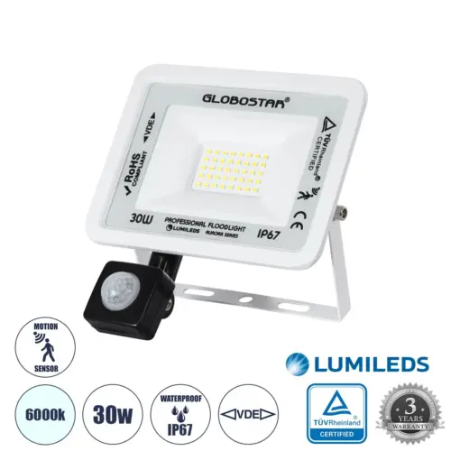 GLOBOSTAR® AURORA 64440 Προβολέας με Ανιχνευτή PIR / Αισθητήρα Κίνησης LED 30W 3750lm 120° AC 220-240V Αδιάβροχο IP67 Ψυχρό Λευκό 6000K - Lumileds SMD Chip - TÜV Rheinland Certified - Λευκό Ματ - Μ16 x Π5 x Υ17.5cm - 3 Χρόνια Εγγύηση