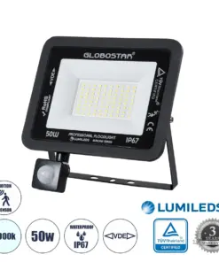 GLOBOSTAR® AURORA 61441 Προβολέας με Ανιχνευτή PIR / Αισθητήρα Κίνησης LED 50W 6250lm 120° AC 220-240V Αδιάβροχο IP67 Ψυχρό Λευκό 6000K - Lumileds SMD Chip - TÜV Rheinland Certified - Μαύρο Ματ - Μ21 x Π5 x Υ21cm - 3 Χρόνια Εγγύηση