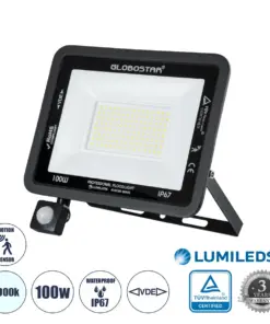 GLOBOSTAR® AURORA 61443 Προβολέας με Ανιχνευτή PIR / Αισθητήρα Κίνησης LED 100W 12500lm 120° AC 220-240V Αδιάβροχο IP67 Ψυχρό Λευκό 6000K - Lumileds SMD Chip - TÜV Rheinland Certified - Μαύρο Ματ - Μ25 x Π6.5 x Υ27.5cm - 3 Χρόνια Εγγύηση