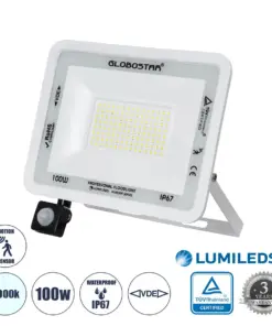GLOBOSTAR® AURORA 61444 Προβολέας με Ανιχνευτή PIR / Αισθητήρα Κίνησης LED 100W 12500lm 120° AC 220-240V Αδιάβροχο IP67 Ψυχρό Λευκό 6000K - Lumileds SMD Chip - TÜV Rheinland Certified - Λευκό Ματ - Μ25 x Π6.5 x Υ27.5cm - 3 Χρόνια Εγγύηση