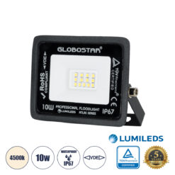 GLOBOSTAR® ATLAS 61516 Προβολέας LED 10W 1200lm 120° AC 220-240V Αδιάβροχο IP67 Φυσικό Λευκό 4500K - Lumileds SMD Chip - TÜV Rheinland Certified - Μαύρο Ματ - Μ10 x Π2 x Υ8cm - 5 Χρόνια Εγγύηση