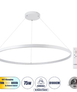 GLOBOSTAR® DIAMOND 61518 Μοντέρνο Κρεμαστό Φωτιστικό Οροφής LED 75W 8400lm 360° AC 220-240V IP20 Ρυθμιζόμενο Λευκό CCT με Χειριστήριο από 2700K έως 6000K Dimmable - Lumileds SMD Chip - Λευκό Ματ - Μ100 x Π100 x Υ90cm - 3 Χρόνια Εγγύηση