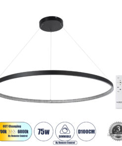 GLOBOSTAR® DIAMOND 61519 Μοντέρνο Κρεμαστό Φωτιστικό Οροφής LED 75W 8400lm 360° AC 220-240V IP20 Ρυθμιζόμενο Λευκό CCT με Χειριστήριο από 2700K έως 6000K Dimmable - Lumileds SMD Chip - Μαύρο Ματ - Μ100 x Π100 x Υ90cm - 3 Χρόνια Εγγύηση