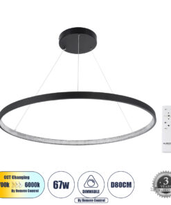 GLOBOSTAR® DIAMOND 61520 Μοντέρνο Κρεμαστό Φωτιστικό Οροφής LED 67W 7504lm 360° AC 220-240V IP20 Ρυθμιζόμενο Λευκό CCT με Χειριστήριο από 2700K έως 6000K Dimmable - Lumileds SMD Chip - Μαύρο Ματ - Μ80 x Π80 x Υ110cm - 3 Χρόνια Εγγύηση