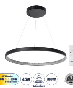 GLOBOSTAR® DIAMOND 61522 Μοντέρνο Κρεμαστό Φωτιστικό Οροφής LED 45W 5040lm 360° AC 220-240V IP20 Ρυθμιζόμενο Λευκό CCT με Χειριστήριο από 2700K έως 6000K Dimmable - Lumileds SMD Chip - Μαύρο Ματ - Μ60 x Π60 x Υ3cm - 3 Χρόνια Εγγύηση