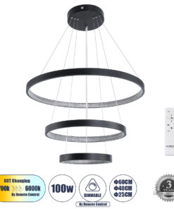 GLOBOSTAR® DIAMOND TRIO 61523 Μοντέρνο Κρεμαστό Φωτιστικό Οροφής LED 100W 11200lm 360° AC 220-240V IP20 Ρυθμιζόμενο Λευκό CCT με Χειριστήριο από 2700K έως 6000K Dimmable - Lumileds SMD Chip - Μαύρο Ματ - Μ90 x Π90 x Υ90cm - 3 Χρόνια Εγγύηση