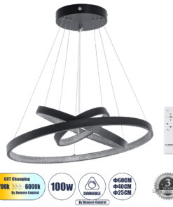 GLOBOSTAR® DIAMOND TRIO 61523-DECO Μοντέρνο Κρεμαστό Φωτιστικό Οροφής LED 100W 11200lm 360° AC 220-240V IP20 Ρυθμιζόμενο Λευκό CCT με Χειριστήριο από 2700K έως 6000K Dimmable - Lumileds SMD Chip - Μαύρο Ματ - Μ90 x Π90 x Υ90cm - 3 Χρόνια Εγγύηση