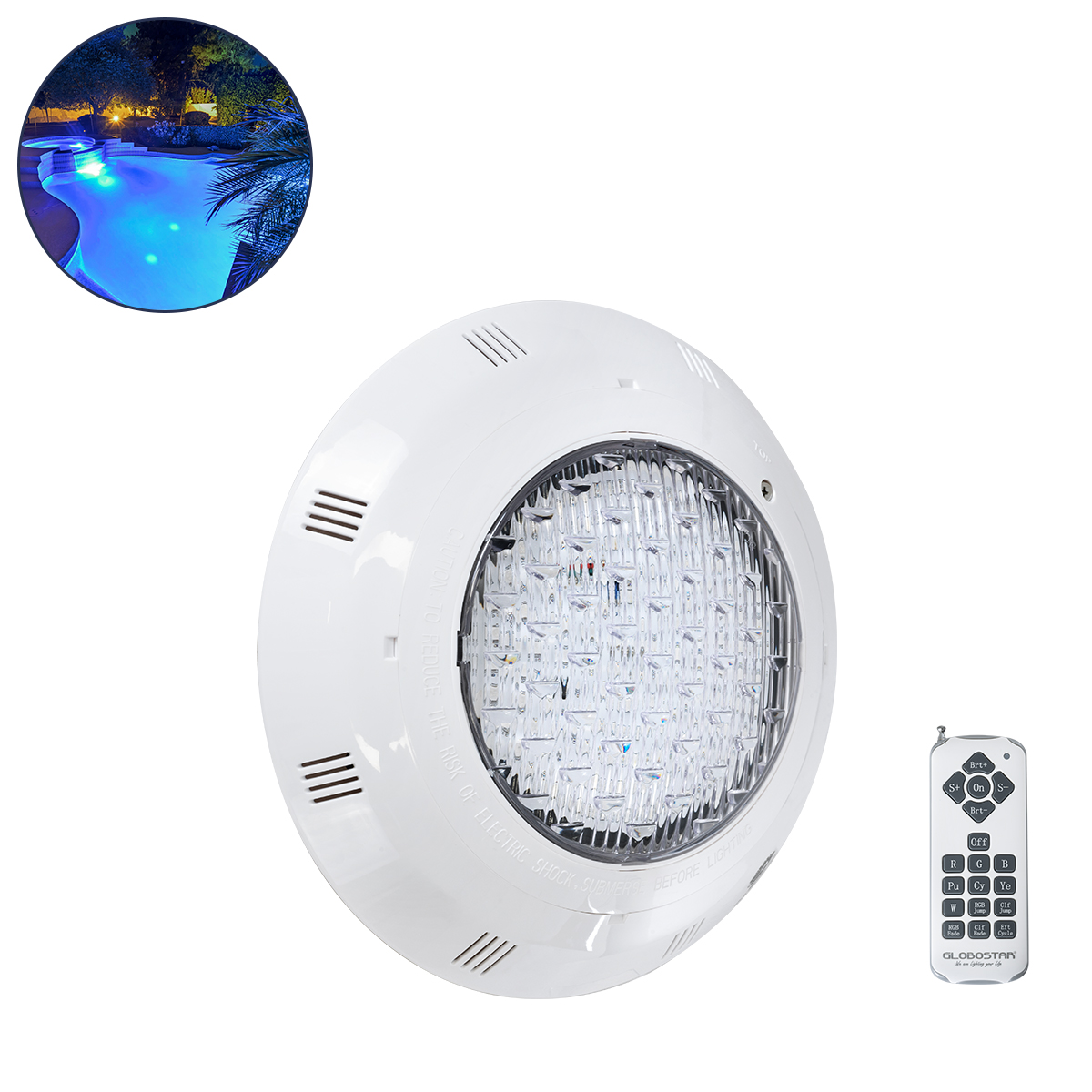 GLOBOSTAR® POOLETI 61542 Υποβρύχιο Φωτιστικό για Σιντριβάνια/Πισίνες LED 25W 1750lm 120° AC 12V Αδιάβροχο IP68 RGB Dimmable - Ασύρματο Χειριστήριο RF 2.4Ghz Εμβέλειας 60 Μέτρων - 2m VDE Rubber Καλώδιο - Φ30 x Υ6.5cm - 3 Χρόνια Εγγύηση