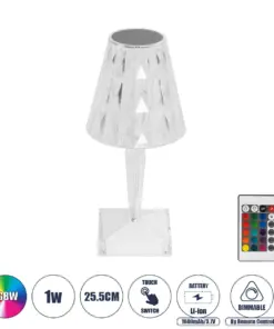 GLOBOSTAR® CRYSTAL 62042 Μοντέρνο Επιτραπέζιο Φωτιστικό Πορτατίφ LED 1W 100lm 360° DC 5V USB-C με Επαναφορτιζόμενη Μπαταρία Li-ion 3.7V 1600mAh IP44 Πολύχρωμο RGBW με Χειριστήριο Dimmable - Sanan SMD Chip - Διάφανο - Μ11.5 x Π11.5 x Υ25.5cm - 3 Χρόνια Εγγύηση