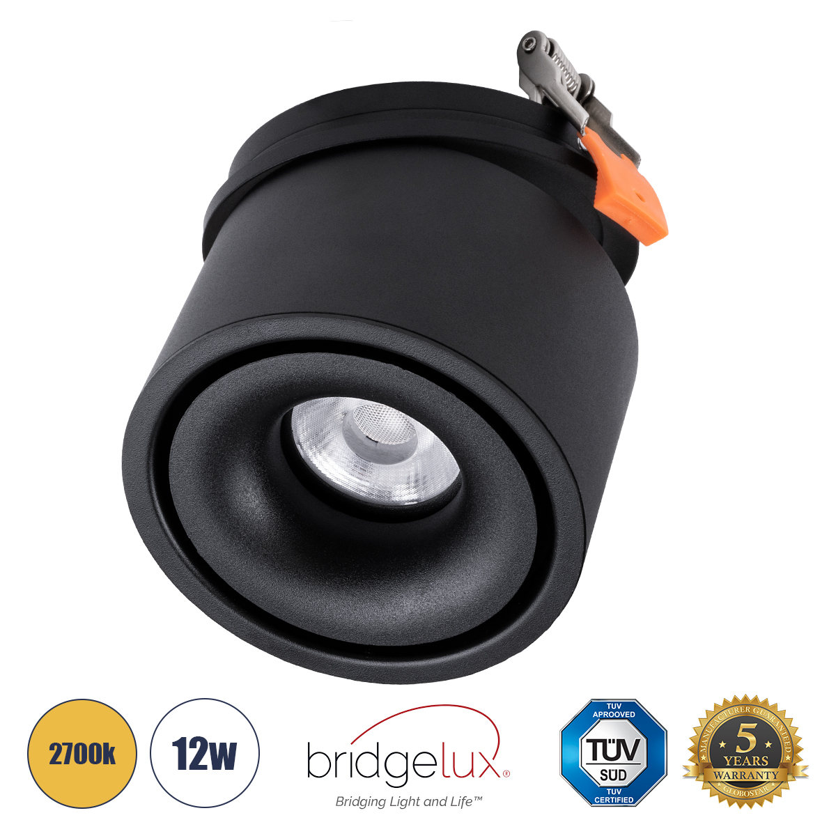 GLOBOSTAR® OMEGA-R 60297 Χωνευτό Κινούμενο Downlight Σποτ LED 12W 1500lm 36° AC 220-240V IP20 Θερμό Λευκό 2700K - Bridgelux COB Chip & TÜV SÜD Driver - Μαύρο Ματ - Μ10 x Π10 x Υ8.2cm / Q9cm - 5 Χρόνια Εγγύηση - Image 2