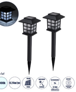 GloboStar® 69928 ΣΕΤ 2 Τεμαχίων Αυτόνομα Ηλιακά Φωτιστικά LED SMD 0.24W/Τεμ. 24lm/Τεμ. με Ενσωματωμένη Μπαταρία 600mAh - Φωτοβολταϊκό Πάνελ με Αισθητήρα Ημέρας-Νύχτας Αδιάβροχο IP65 Φανάρι Κήπου Τετράγωνο Ψυχρό Λευκό 6000K Μ8.5 x Π8.5 x Υ26.5cm