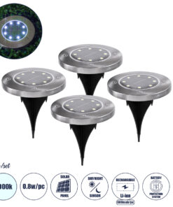 GloboStar® 69929 ΣΕΤ 4 Τεμαχίων Αυτόνομα Ηλιακά Φωτιστικά LED SMD 0.80W/Τεμ. 80lm/Τεμ. με Ενσωματωμένη Μπαταρία 600mAh - Φωτοβολταϊκό Πάνελ με Αισθητήρα Ημέρας-Νύχτας Αδιάβροχο IP65 Φανάρι Κήπου Στρογγυλό Ψυχρό Λευκό 6000K Φ12 x Υ13cm