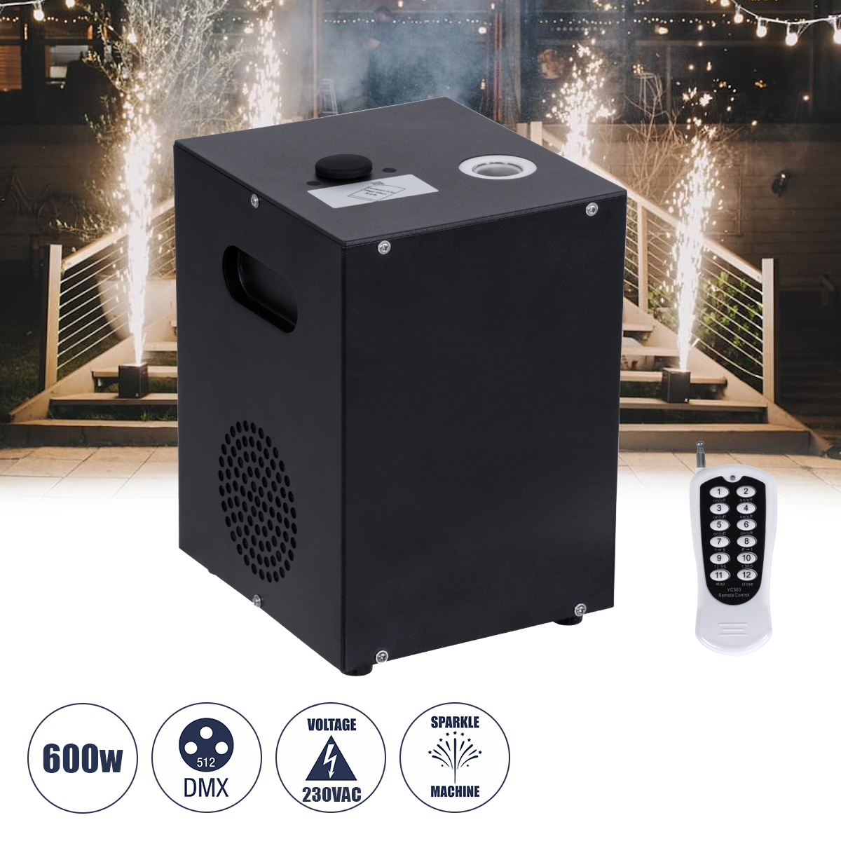 GLOBOSTAR® SPARKLE 51148 Stage Μηχανή Δαπέδου Άκαυστων Σπινθήρων Εφέ Συντριβανιού 600W AC 220-240V IP20 DMX512 Protocol & RF Ασύρματο Χειριστήριο - Μ18 x Π16.5 x Υ24cm - 1 Χρόνο Εγγύηση - Image 2