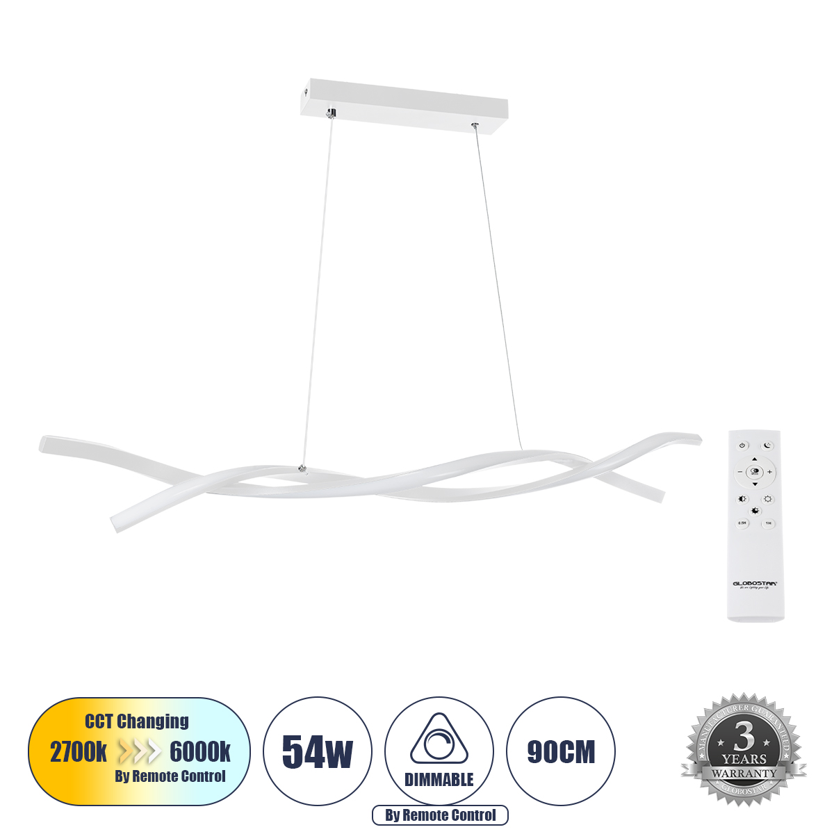 GLOBOSTAR® MORALES 61276 Μοντέρνο Κρεμαστό Φωτιστικό Οροφής LED 54W 6048lm 300° AC 220-240V IP20 Ρυθμιζόμενο Λευκό CCT με Χειριστήριο από 2700K έως 6000K Dimmable - Lumileds SMD Chip - Λευκό Ματ - Μ90 x Π14 x Υ14cm - 3 Χρόνια Εγγύηση - Image 2