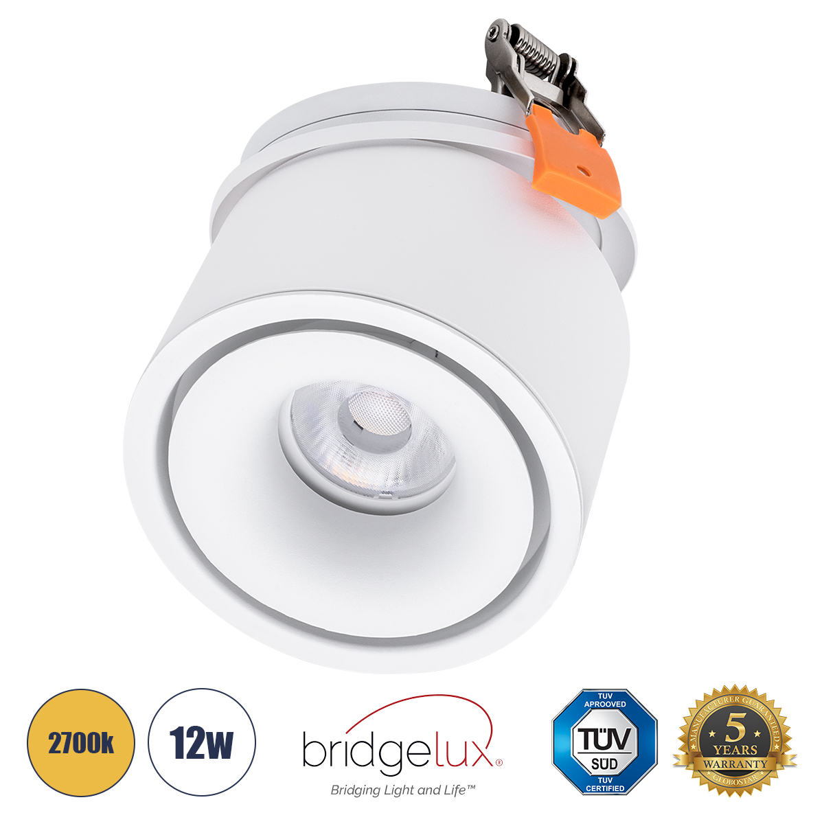 GLOBOSTAR® OMEGA-R 60295 Χωνευτό Κινούμενο Downlight Σποτ LED 12W 1500lm 36° AC 220-240V IP20 Θερμό Λευκό 2700K - Bridgelux COB Chip & TÜV SÜD Driver - Λευκό Ματ - Μ10 x Π10 x Υ8.2cm / Q9cm - 5 Χρόνια Εγγύηση - Image 2