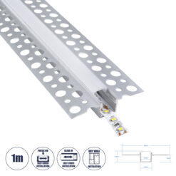 GLOBOSTAR® ALP-PLASTERIN GYPSO 70838-1M Χωνευτό Προφίλ Αλουμινίου Ειδικό για Γυψοσανίδα με Λευκό Γαλακτερό Πατητό Κάλυμμα για Ταινίες LED IP20 - Ασημί & Λευκό - Μ100 x Π5.6 x Υ1.5cm