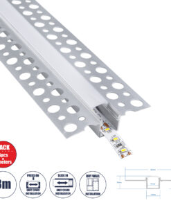 GLOBOSTAR® ALP-PLASTERIN GYPSO 70838-3M Χωνευτό Προφίλ Αλουμινίου Ειδικό για Γυψοσανίδα με Λευκό Γαλακτερό Πατητό Κάλυμμα για Ταινίες LED IP20 - Ασημί & Λευκό - Μ300 x Π5.6 x Υ1.5cm - Πακέτο 5 Τεμαχίων
