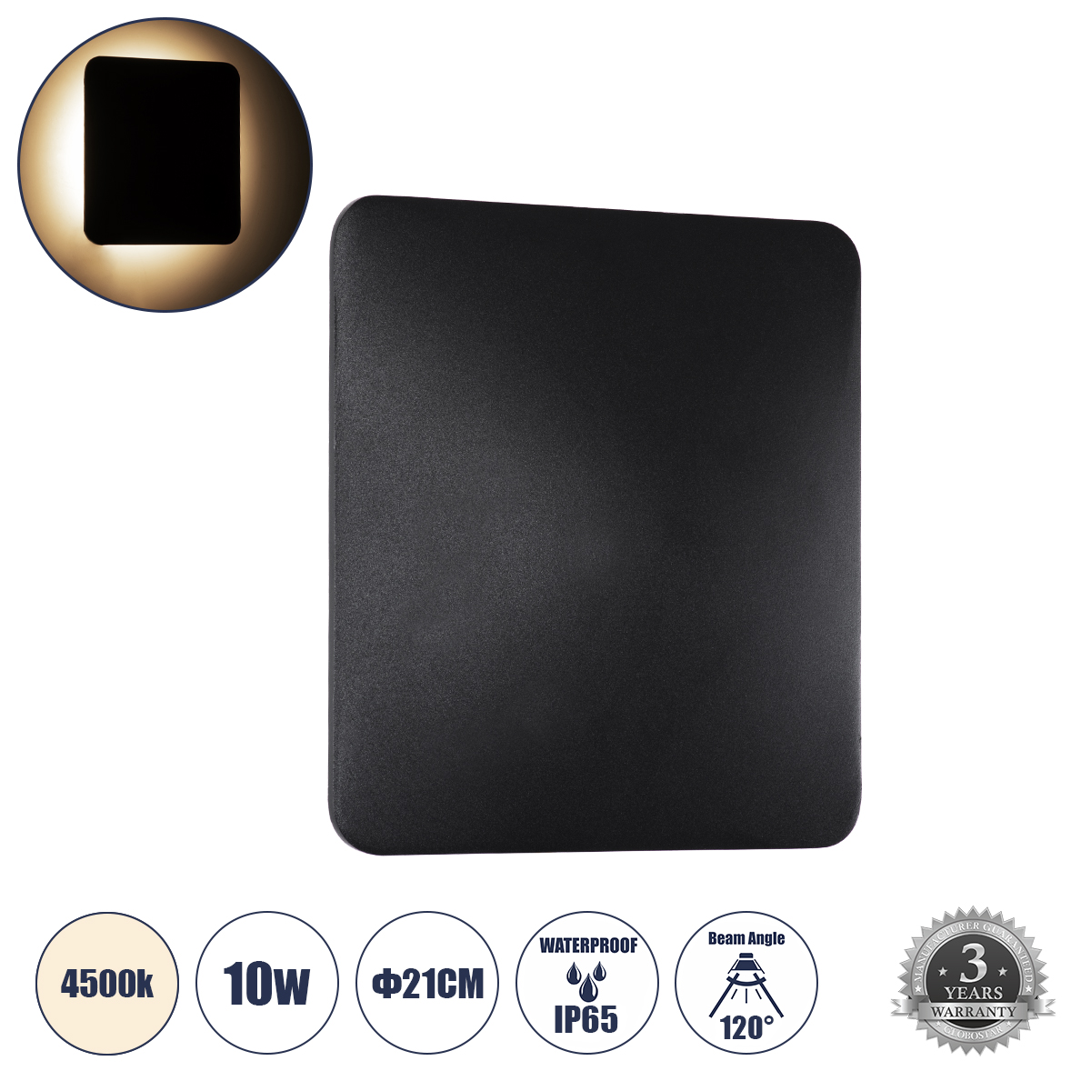 GLOBOSTAR® HELIO-S 60496 Μοντέρνο Φωτιστικό Τοίχου - Απλίκα LED 10W 1200lm 120° AC 220-240V Αδιάβροχο IP65 Φυσικό Λευκό 4500K - Lumileds SMD Chip & TÜV SÜD Driver - Μαύρο Ματ - Μ21 x Π5 x Υ21cm - 5 Χρόνια Εγγύηση - Image 2