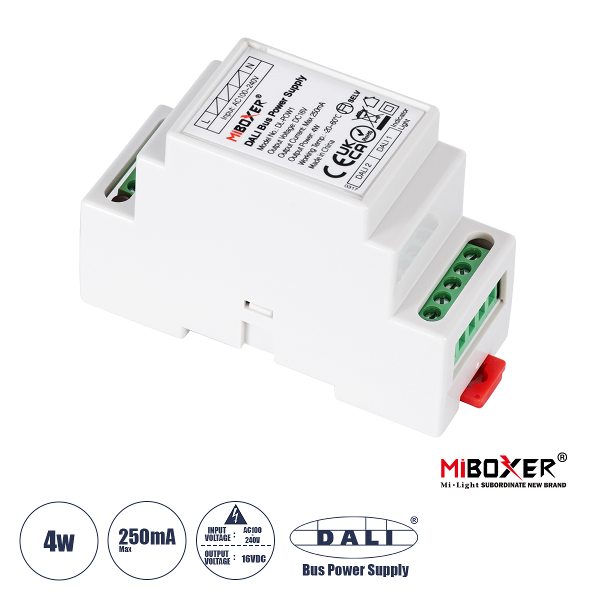 GLOBOSTAR® MiBOXER-DL-POW1 71420 DC DALI BUS Τροφοδοτικό/Μετασχηματιστής SELV Ράγας με 2 x 125mA 2W Κανάλια AC 220-240V σε DC 16V 250mA 4W Max IP20 - DALI BUS - Μ9 x Π3.4 x Υ6cm - 5 Χρόνια Εγγύηση