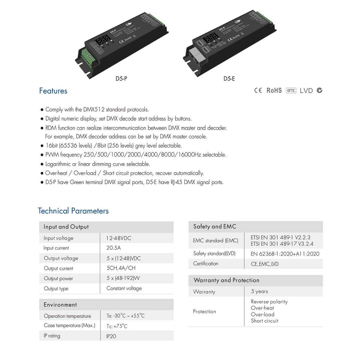 GloboStar® 71445 D5-P SKYDANCE DC DMX & RDM Dimmer High Speed Controller / Decoder 5 Καναλιών DC 12-48V 5 x 4A 192W - Max 20.5A 960W - IP20 Μ17.5 x Π4.5 x Υ3.5cm - 5 Years Warranty - Image 7