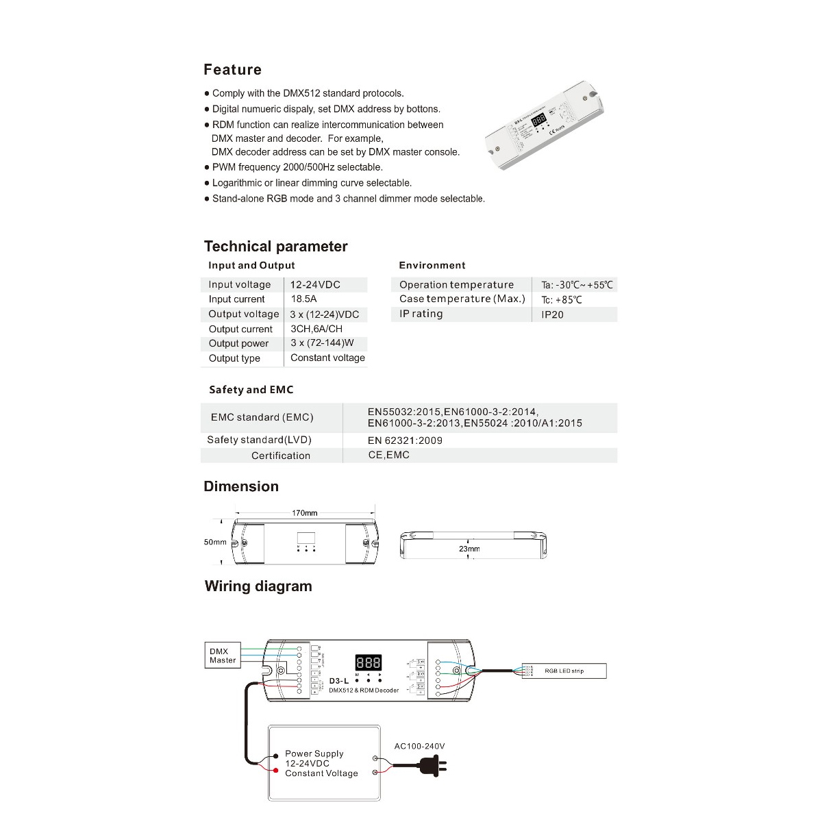 GloboStar® 71447 D3-L SKYDANCE DC DMX & RDM Dimmer High Speed Controller / Decoder 3 Καναλιών DC 12-24V 3 x 6A 144W - Max 18.5A 432W - IP20 Μ17 x Π5 x Υ2.5cm - 5 Years Warranty - Image 6