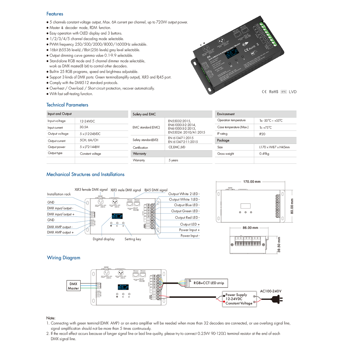 GloboStar® 71448 D5 SKYDANCE DC DMX & RDM Dimmer High Speed Controller / Decoder 5 Καναλιών DC 12-24V 5 x 6A 144W - Max 30A 864W - IP20 Μ17 x Π8 x Υ4cm - 5 Years Warranty - Image 10