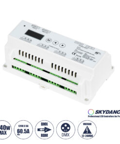 GloboStar® 71449 D12 SKYDANCE DC DMX & RDM Dimmer Din Rail Ράγας High Speed Controller / Decoder / Master 12 Καναλιών DC 12-24V 12 x 5A 120W - Max 60.5A 1440W - IP20 Μ15.5 x Π9 x Υ6cm - 5 Years Warranty