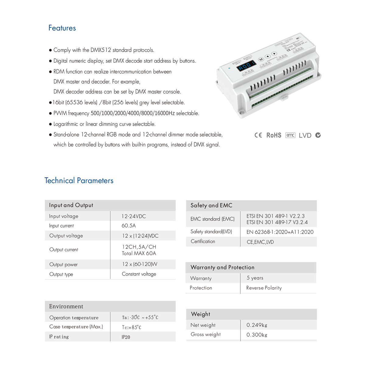 GloboStar® 71449 D12 SKYDANCE DC DMX & RDM Dimmer Din Rail Ράγας High Speed Controller / Decoder / Master 12 Καναλιών DC 12-24V 12 x 5A 120W - Max 60.5A 1440W - IP20 Μ15.5 x Π9 x Υ6cm - 5 Years Warranty - Image 8