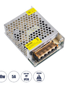 GloboStar® 73033 Μεταλλικό Τροφοδοτικό PELV για Προϊόντα LED 60W 5A - AC 220-240V σε DC 12V - IP20 - Μ11 x Π8 x Υ3.5cm - 2 Χρόνια Εγγύηση