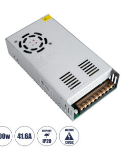 GloboStar® 73038 Μεταλλικό Τροφοδοτικό PELV για Προϊόντα LED 500W 41.6A - AC 220-240V σε DC 12V - IP20 Μ21 x Π11 x Υ5cm - 2 Χρόνια Εγγύηση
