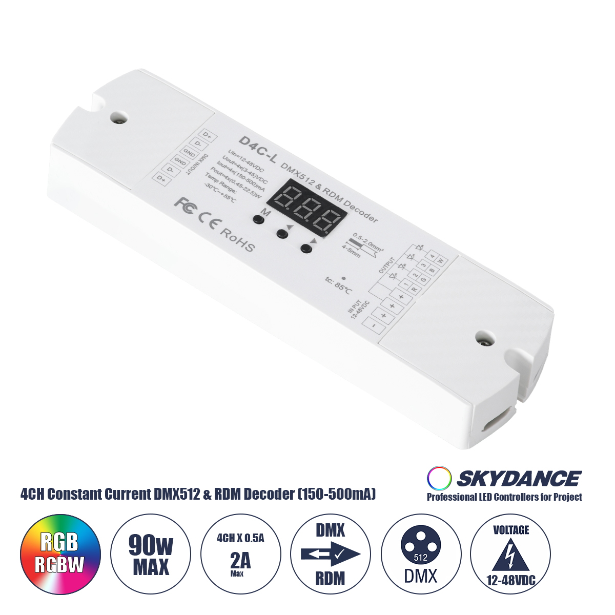 GloboStar® 73145 D4C-L SKYDANCE DC DMX512 Constant Current & RDM Decoder 4 Καναλιών DC 12-48V 4 x 0.5A 22.5W - Max 2A 90W - IP20 Μ17 x Π5 x Υ2.5cm - 5 Χρόνια Εγγύηση
