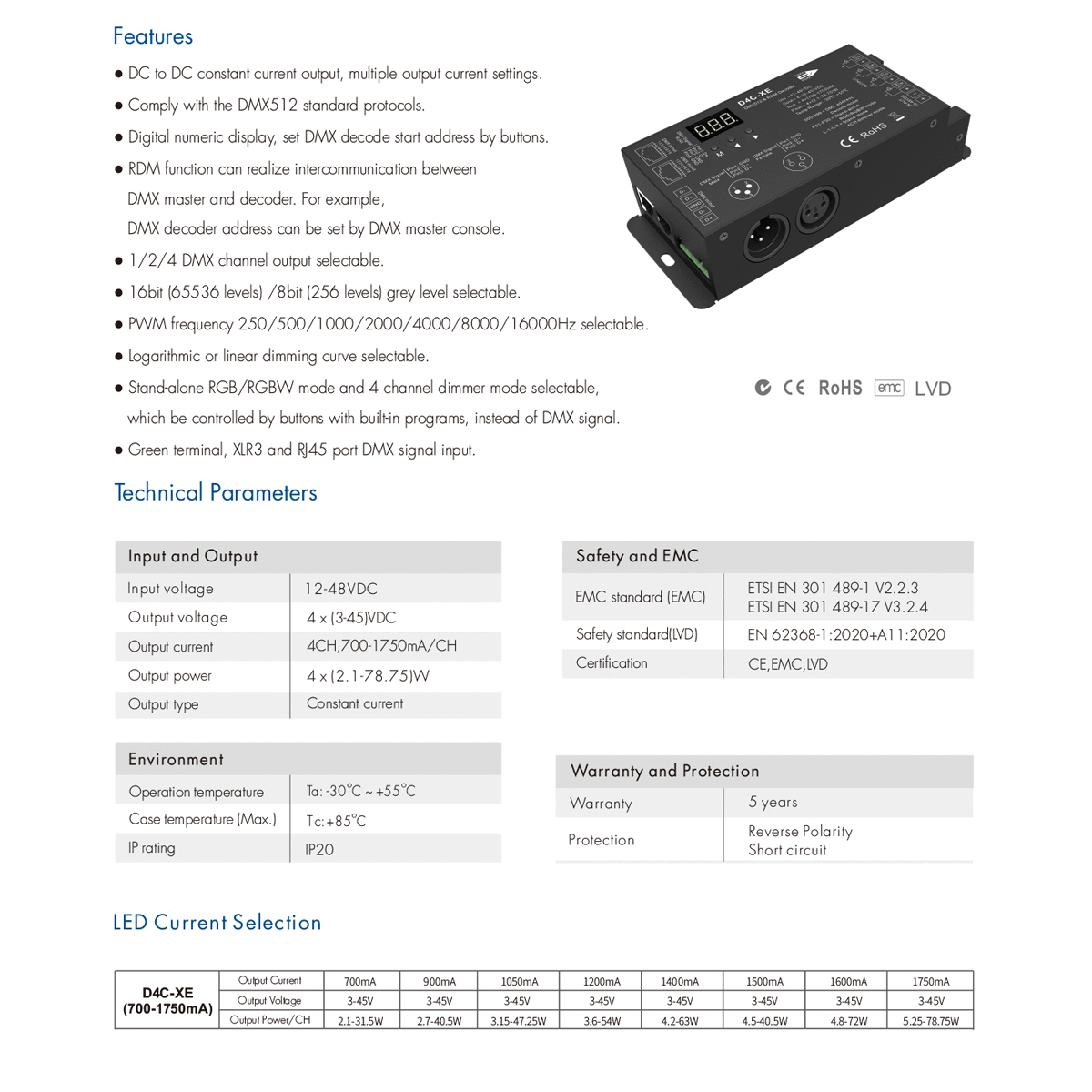 GLOBOSTAR® SKYDANCE-D4C-XE 73147 DC CC DMX Master Dimmer / Controller / Decoder Υψηλής Ταχύτητας με 4 x 700-1750mA 2.1-78.75W Κανάλια DC 12-48V σε DC 3-45V 7000mA 315W Max IP20 - DMX512 & RDM - Μ16.5 x Π7 x Υ3.7cm - 5 Χρόνια Εγγύηση - Image 8