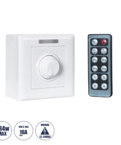 GloboStar® 73317 Επιτοίχιο Dimmer με Ασύρματο Χειριστήριο RF DC 12-24V για Μονόχρωμα Προϊόντα LED 16A Max 384W Μ9 x Π9 x Υ4.5cm – 2 Χρόνια Εγγύηση