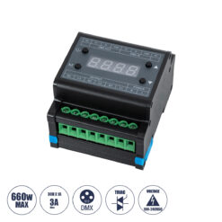 GLOBOSTAR® DIMMERAIL 73372 AC Trailing Edge DMX Dimmer Ράγας με 3 x 1A 220W Κανάλια AC 220-240V 3A 660W Max IP20 - DMX512 & RDM - Μ8 x Π9 x Υ6cm - 5 Χρόνια Εγγύηση
