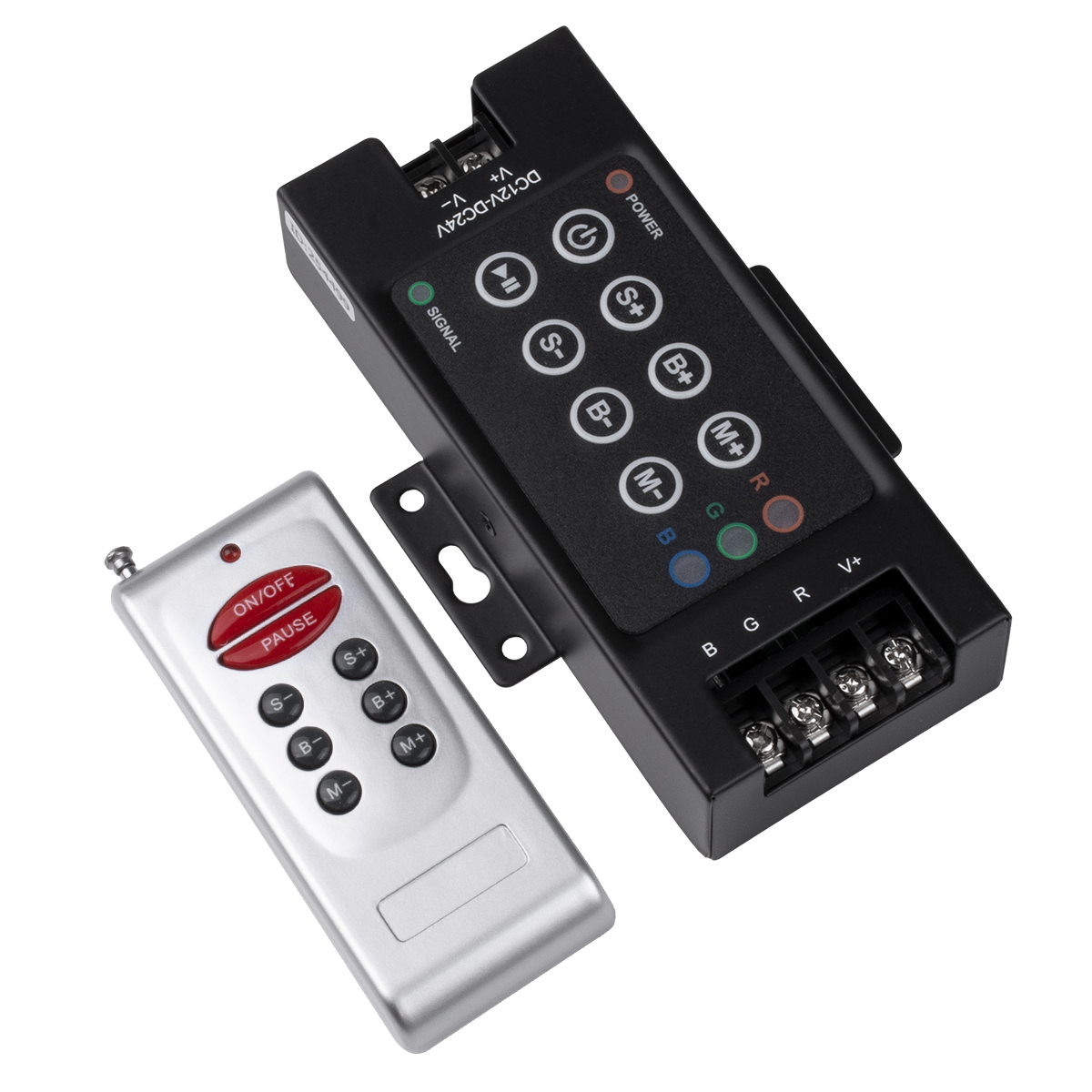 GLOBOSTAR® RGBCONTROLLER 73405 Dimmer / Controller με RF Ασύρματο Χειριστήριο με 3 x 10A 240W Κανάλια DC 12-24V 30A 720W Max IP20 - RF2.4Ghz - Μ12.1 x Π7.5 x Υ2.5cm - 2 Χρόνια Εγγύηση