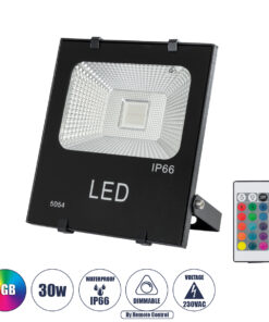 GLOBOSTAR® RGBFLOOD 75601 Προβολέας με IR Ασύρματο Χειριστήριο LED 30W 1950lm 120° AC 220-240V Αδιάβροχο IP66 Πολύχρωμο RGB Dimmable - Μαύρο Ματ - Μ17 x Π4.5 x Υ20cm - 2 Χρόνια Εγγύηση