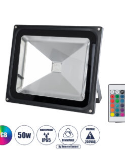 GLOBOSTAR® RGBFLOOD 75602 Προβολέας με IR Ασύρματο Χειριστήριο LED 50W 3250lm 120° AC 220-240V Αδιάβροχο IP66 Πολύχρωμο RGB Dimmable - Μαύρο Ματ - Μ28.5 x Π23.5 x Υ10cm - 2 Χρόνια Εγγύηση